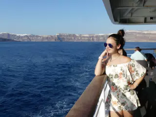 Emily on the Ferry from Santorini
