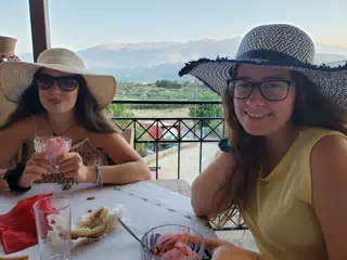 Emily & Madeline with Ice Cream at the Cretan Corner in Aptera