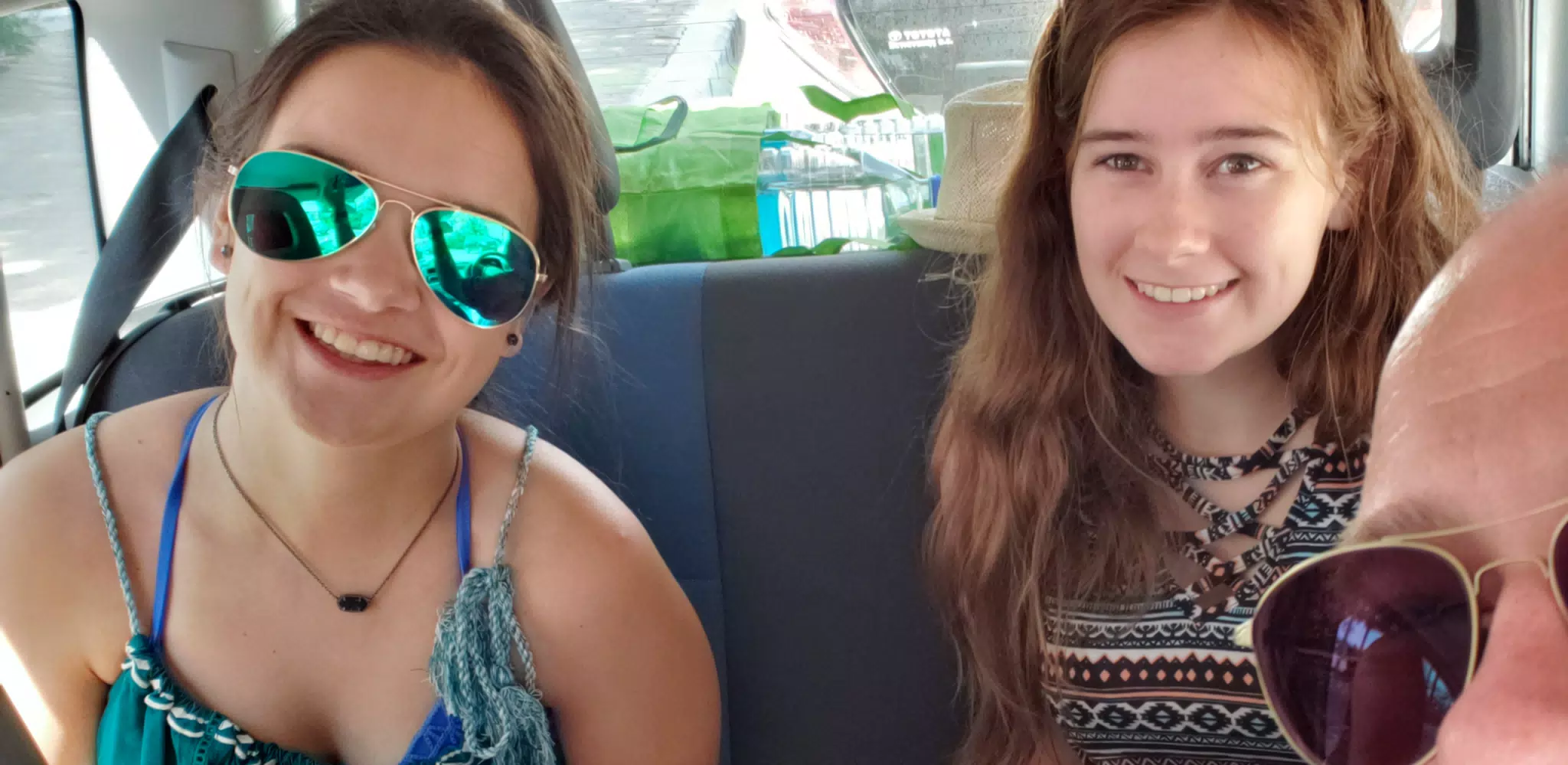 Emily and Madeline in Backseat of Fiat Panda