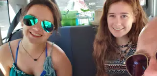 Emily and Madeline in Backseat of Fiat Panda