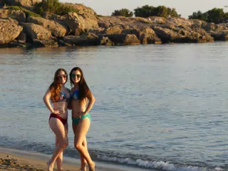 Madeline & Emily Posing in the Surf at Palaiochora Beach