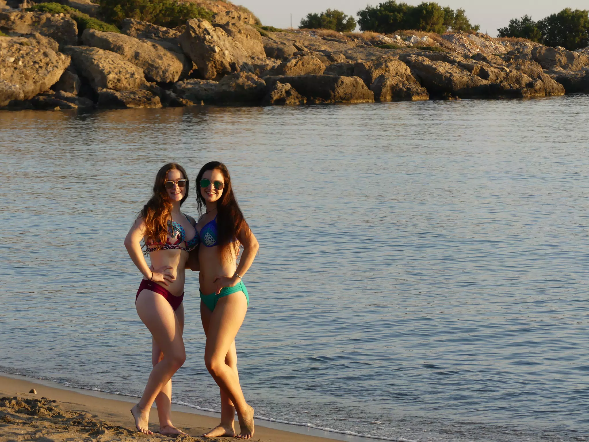 Madeline & Emily Posing in the Surf at Sunset on Palaiochora Beach on Crete, Greece