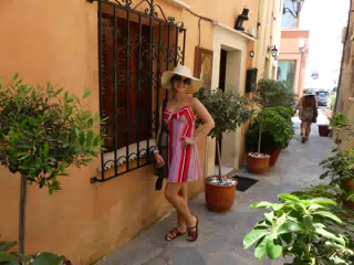 Emily Posing in Striped Dress in Chania Alley