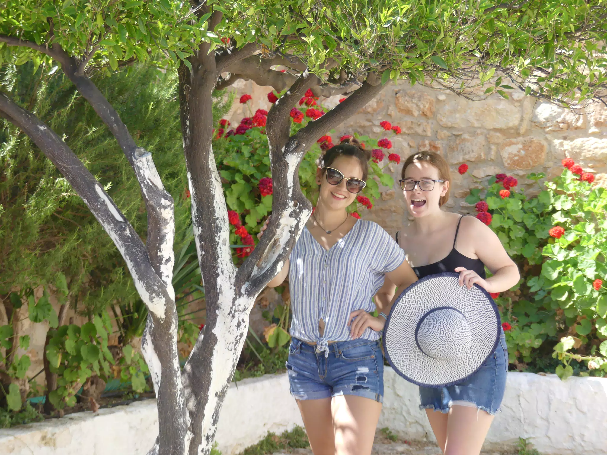 Emily & Madeline Under Tree in Courtyard in Ancient Aptera