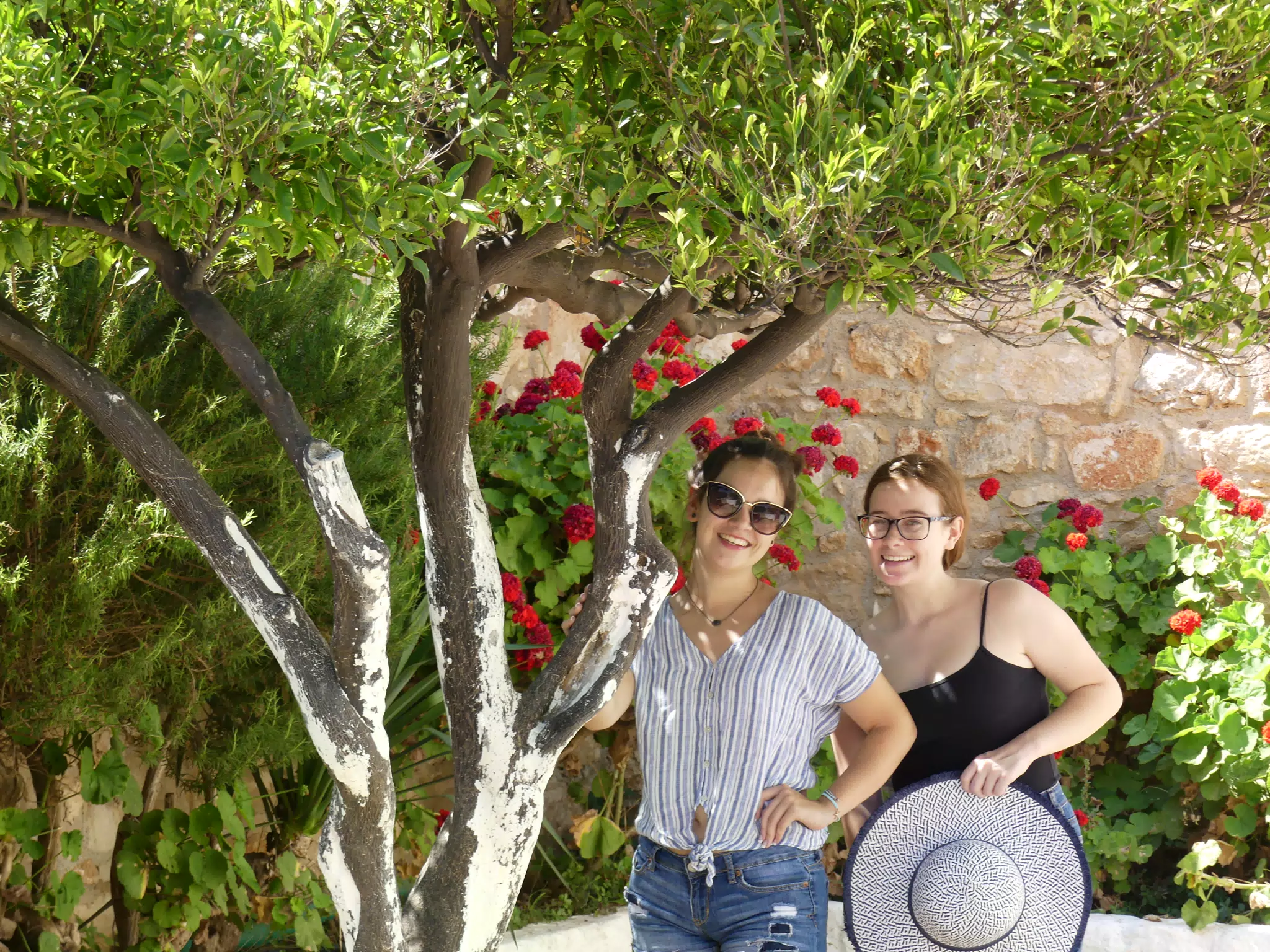 Emily & Madeline Under Tree in Courtyard in Ancient Aptera