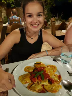 Emily with Ravioli at Don Rosarios in Aptera