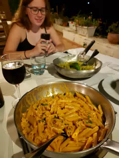 Madeline with Pesto Pasta at Don Rosarios in Aptera