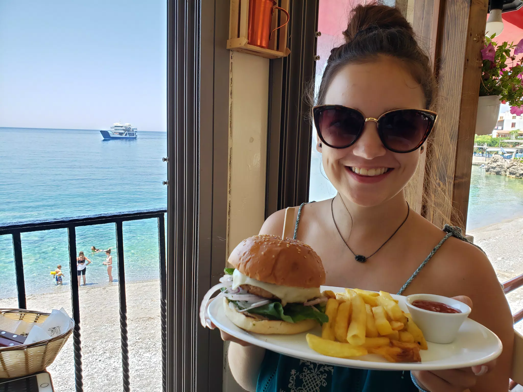Emily with Burger and Fries on Crete