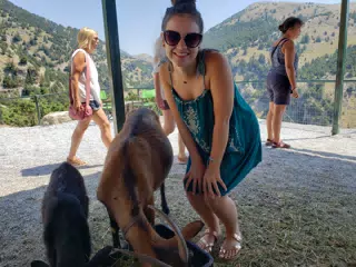 Emily with Goats at Roadside Stop on Crete
