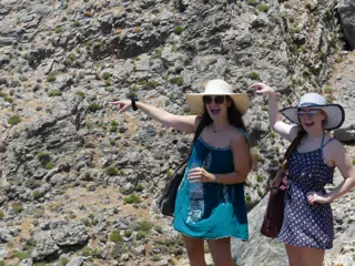 Emily & Madeline Pointing Down the Trail