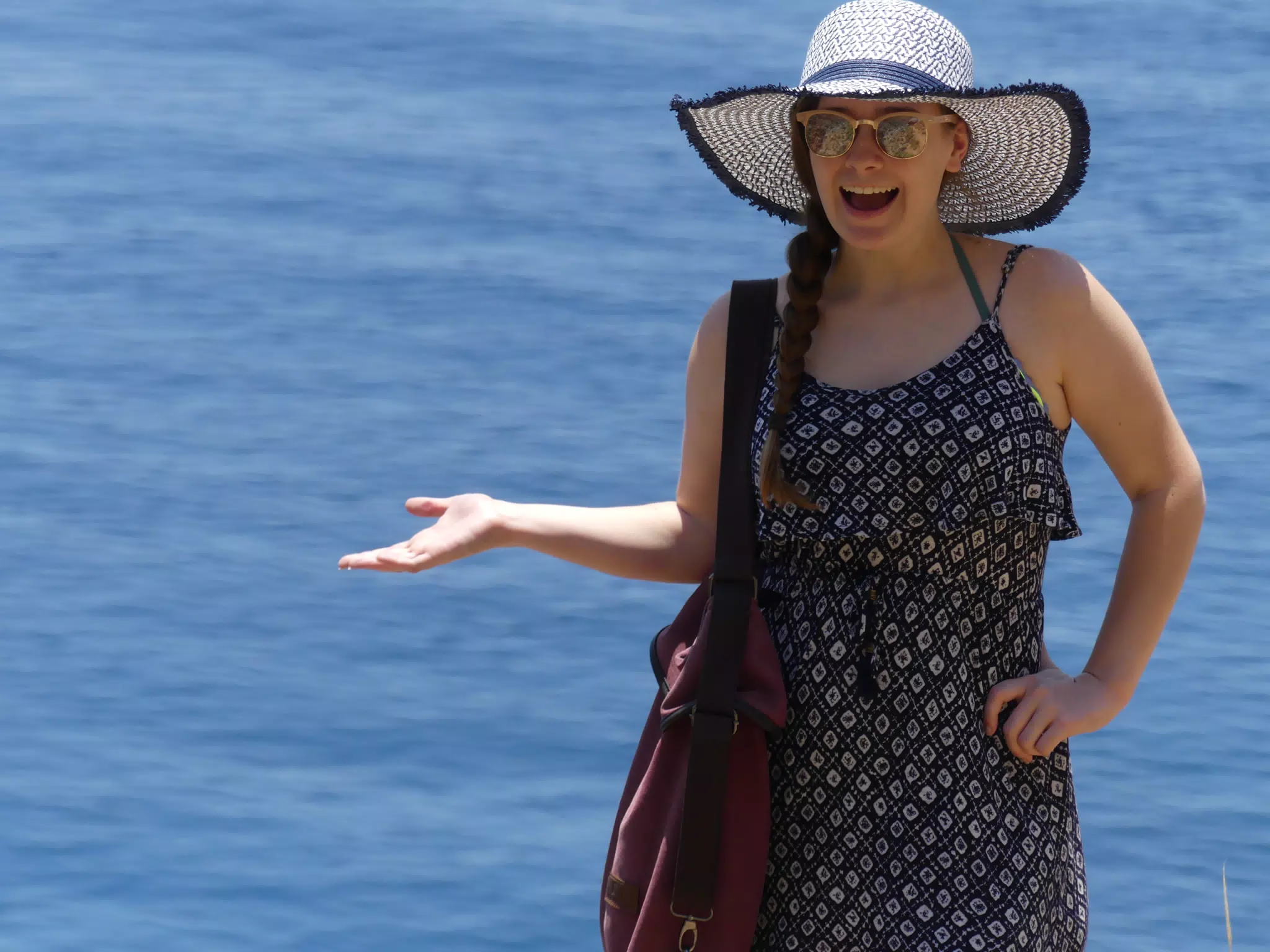 Madeline Posing by Sea on Trail on Crete