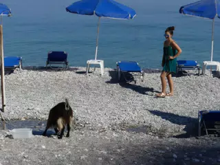 Emily on Greek Beach with Goat