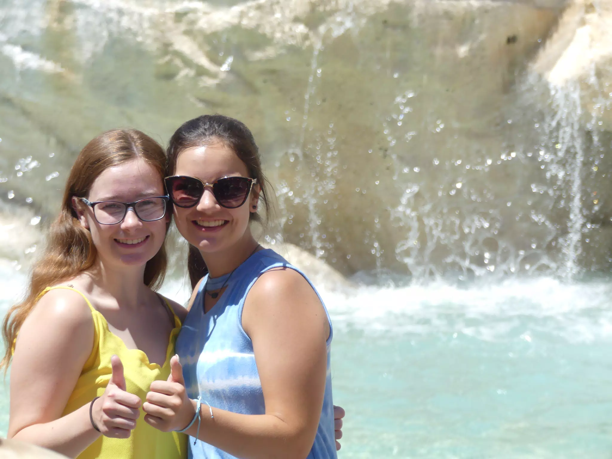 Madeline and Emily Thumbs Up in Fountain