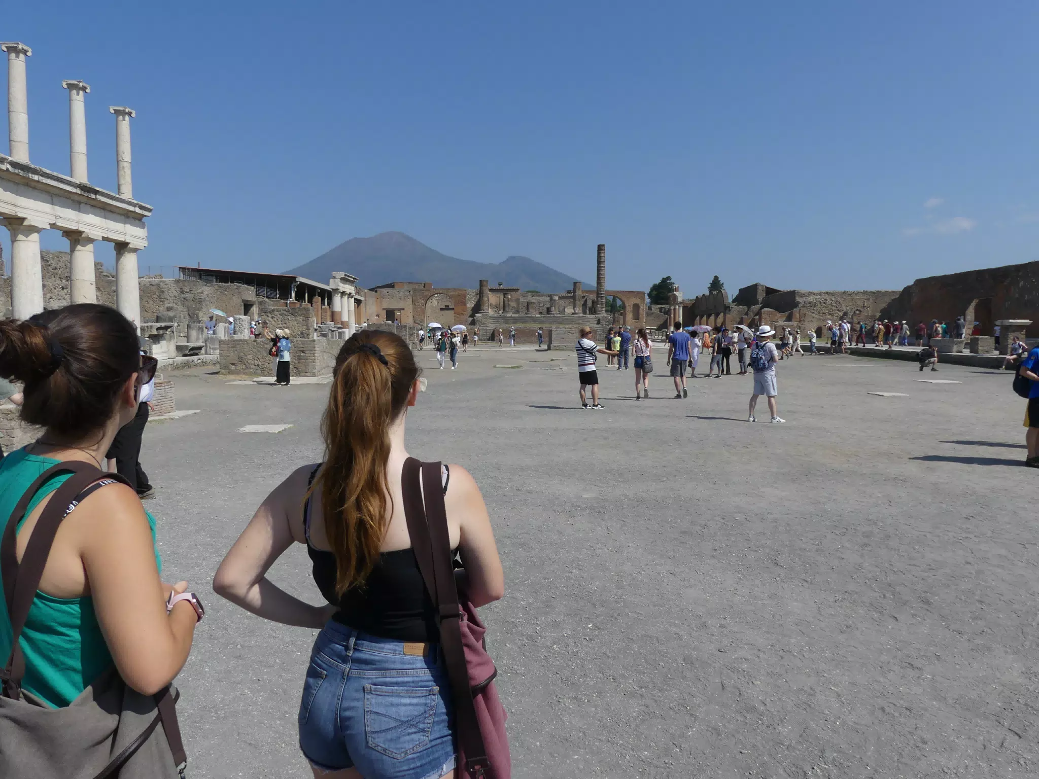 Emily and Madeline Looking at the Piazza in Pompeii