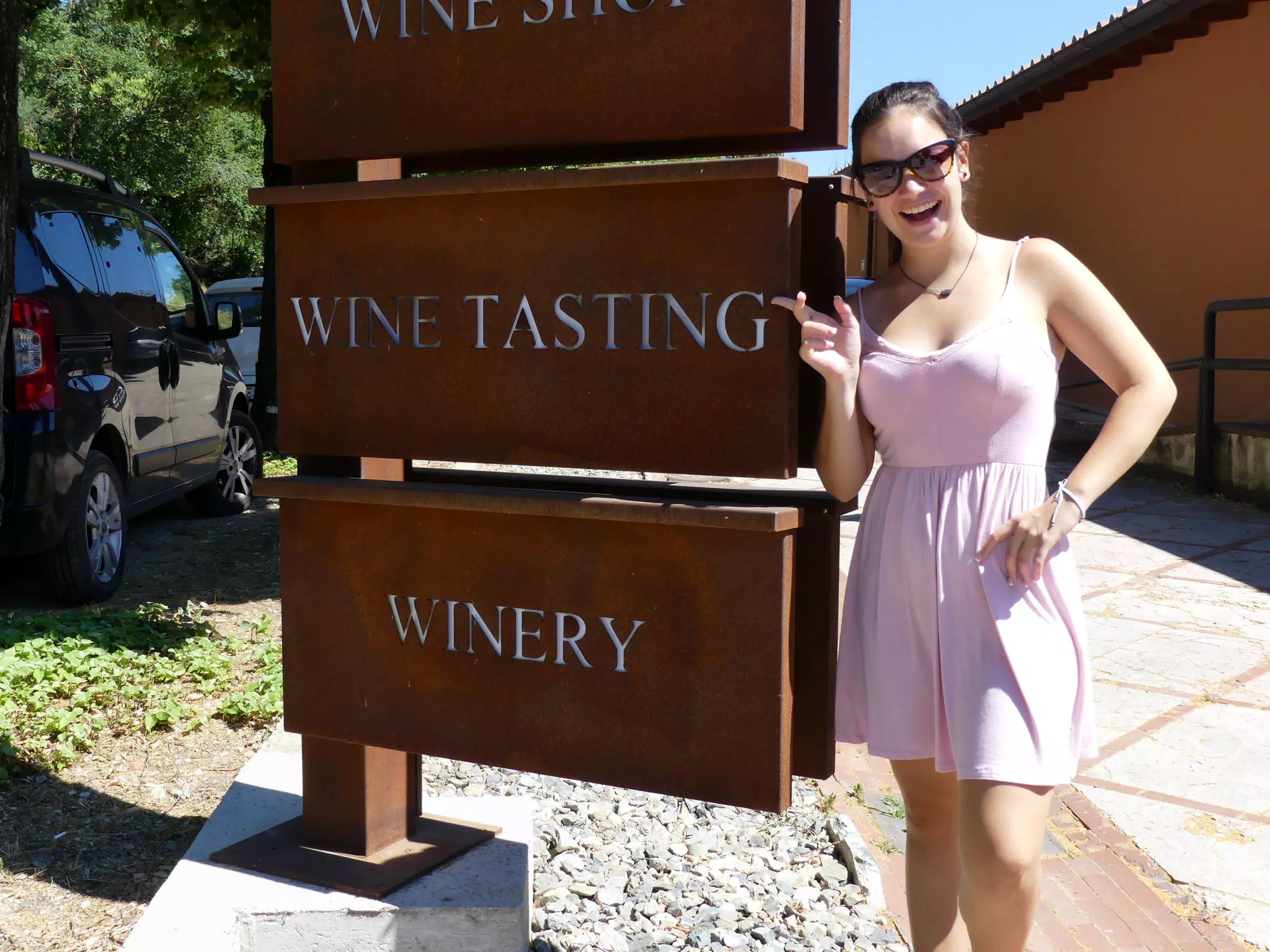 Emily in Pink Dress with Wine Tasting Sign in Italy