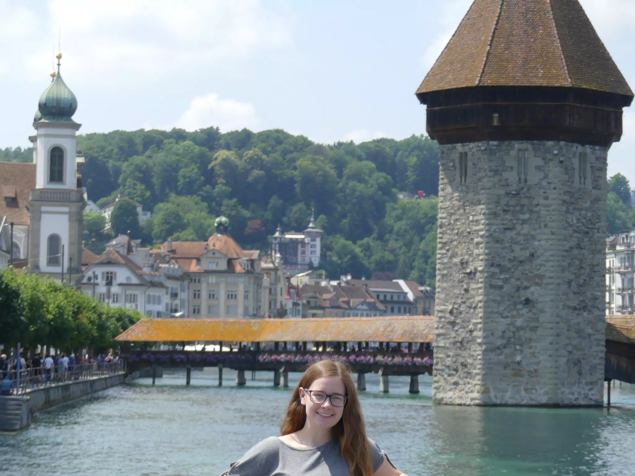 Madeline in Front of Luzern Wooden Bridge