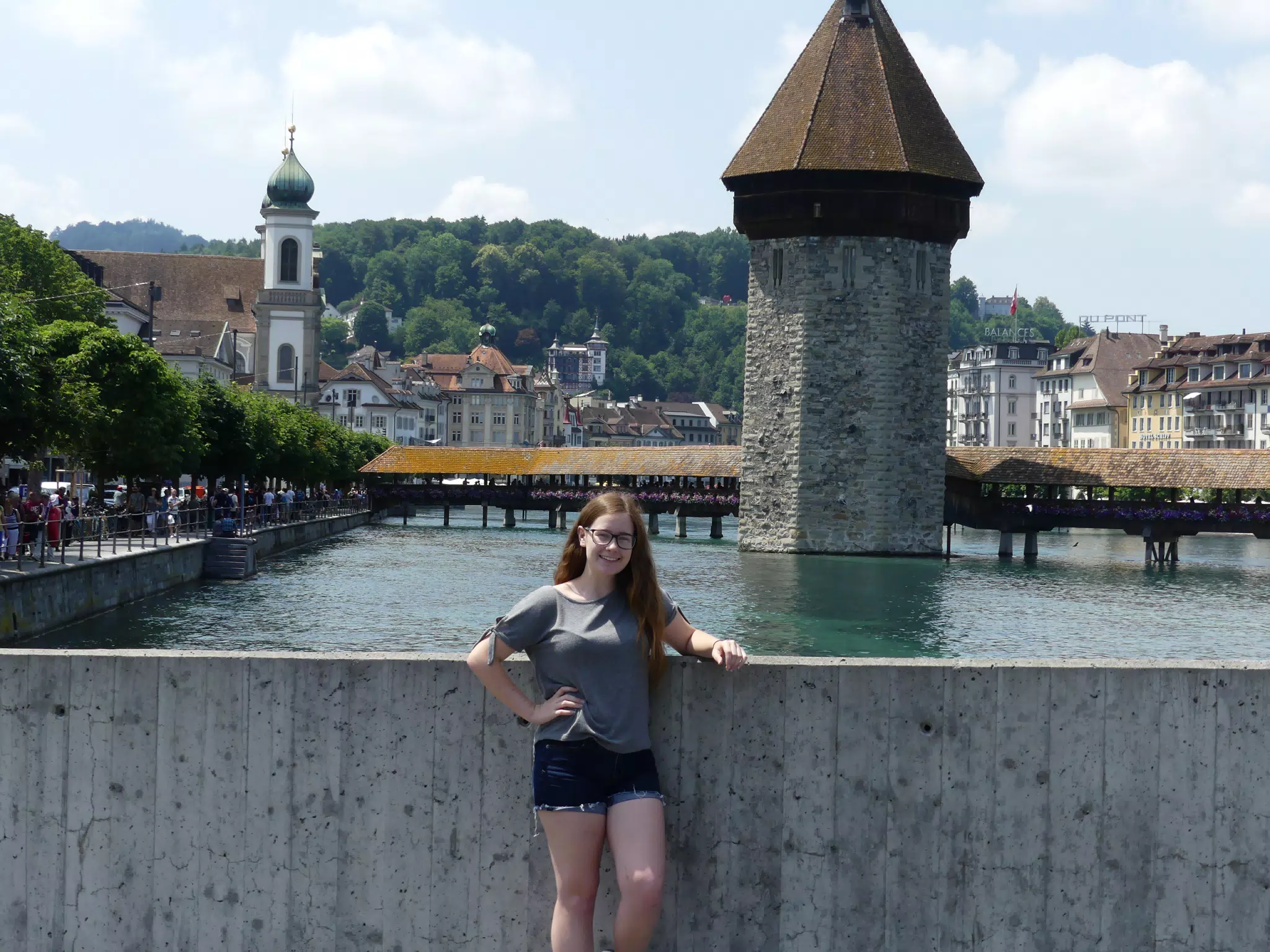 Madeline with the Luzern Bridge in Switzerland