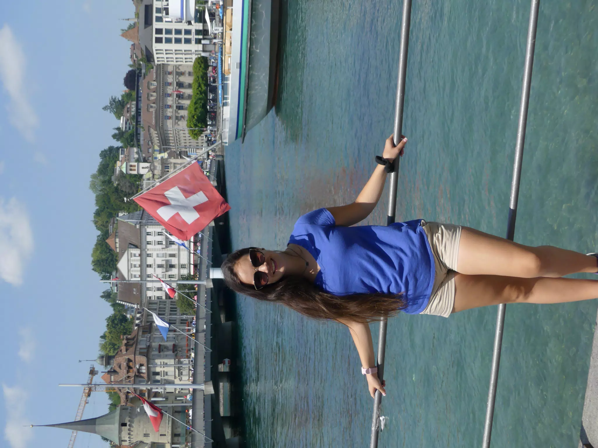 Emily on Swiss Bridge in Shorts