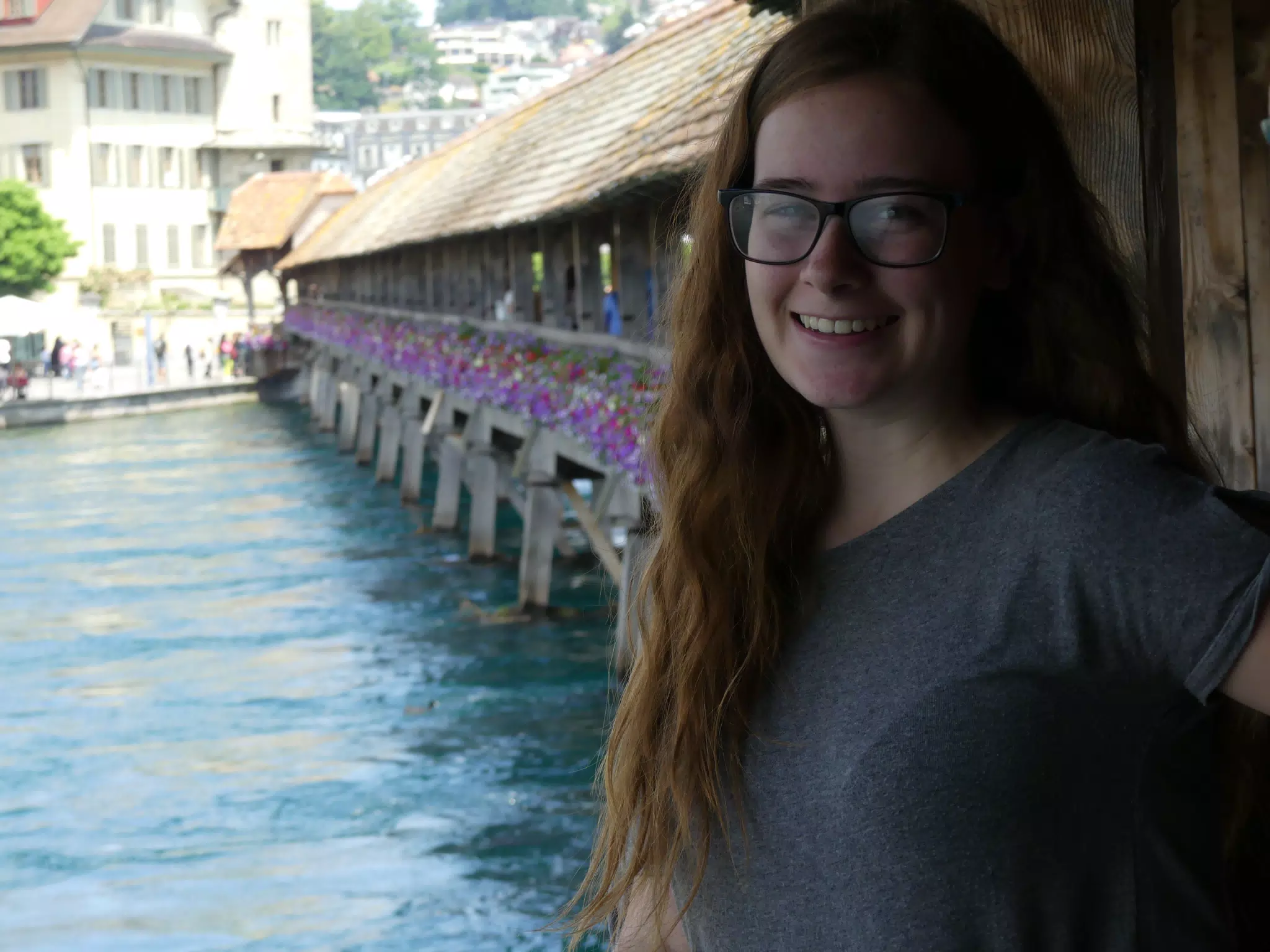 Madeline with Old Wooden Bridge in Lucerne, Switzerland