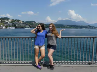 Emily and Madeline on a Bridge in Switzerland