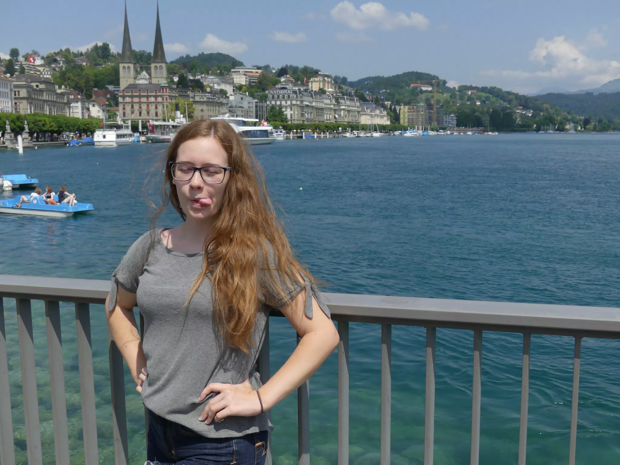 Madline Sticking Tongue Out on Bridge in Luzern