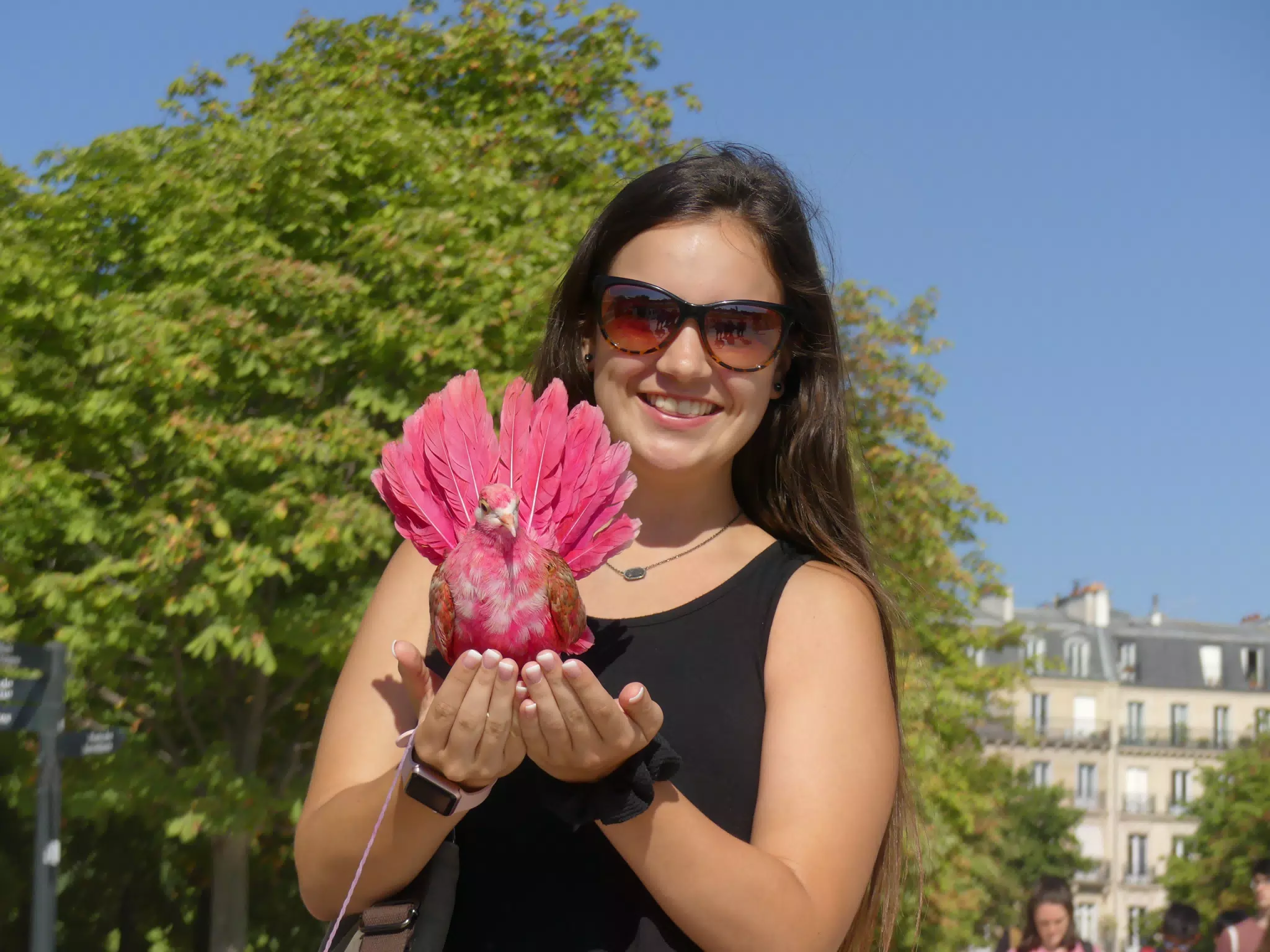 Emily in Paris Park Holding a Pink Bird