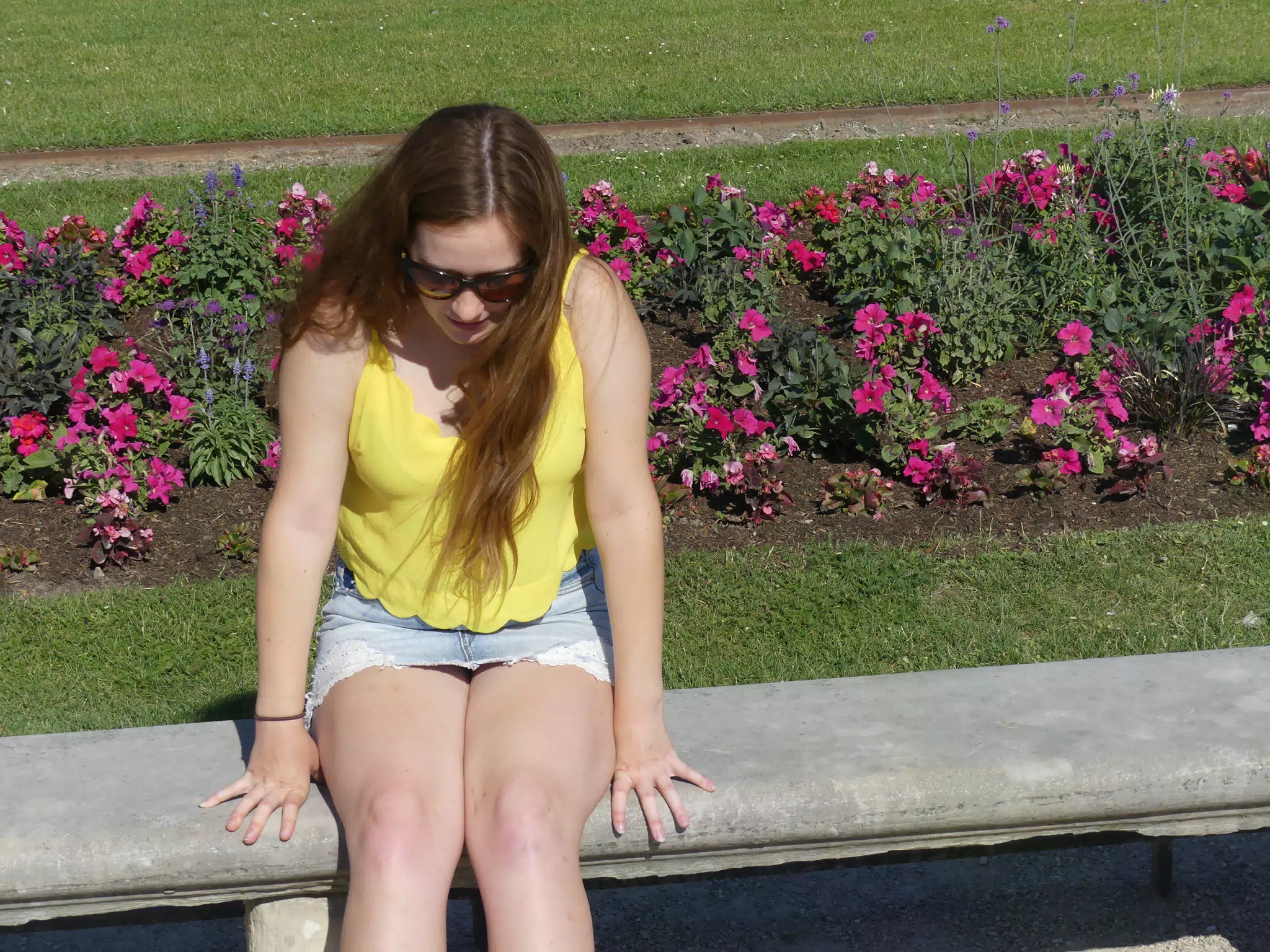Madeline in Skirt on Bench in Paris