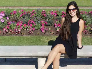 Emily in Park in Black Dress and Sunglasses