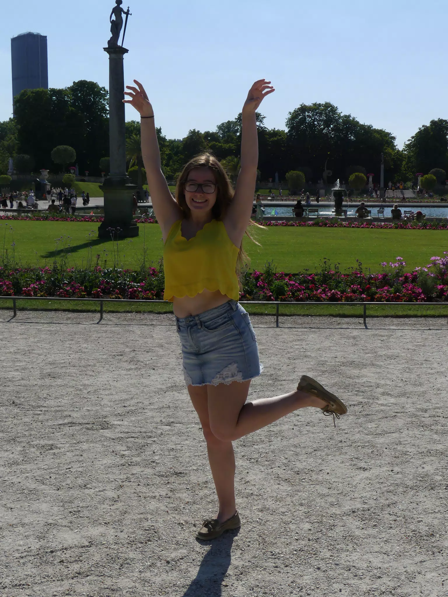 Madeline on One Foot in Park in Paris