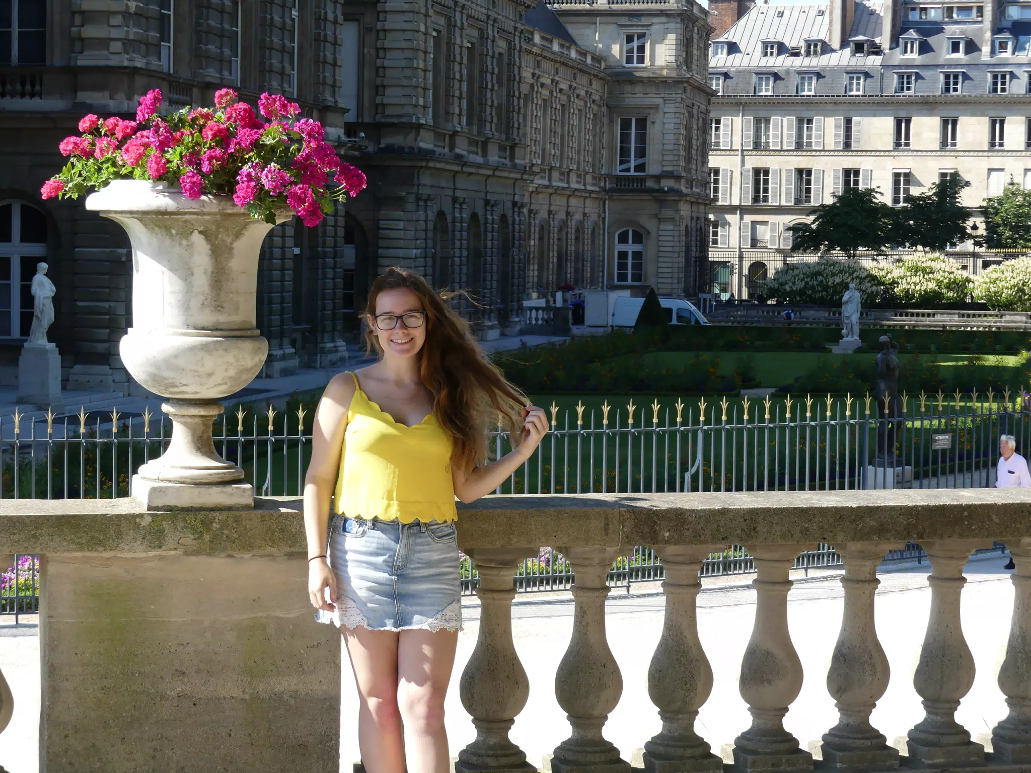 Brunette in Yellow and Denim Skirt in Paris