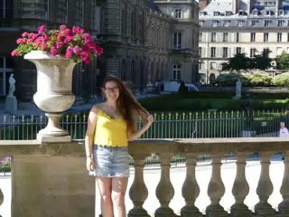 Brunette in Yellow and Denim Skirt in Paris