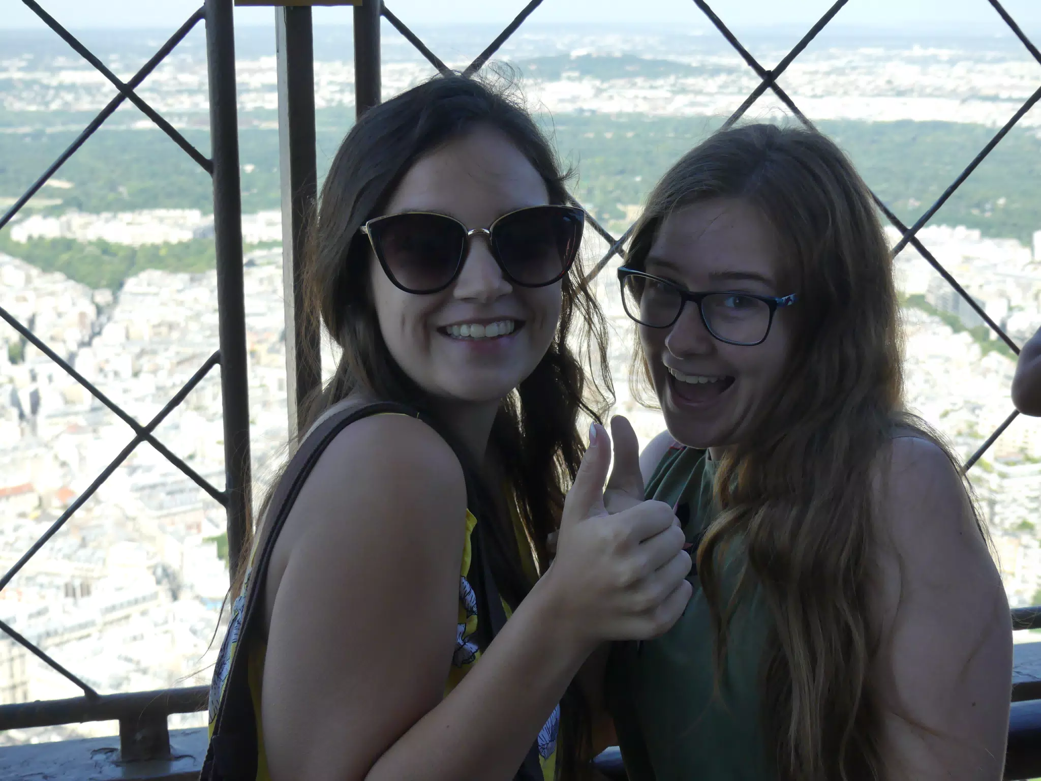 Emily and Madeline Thumbs Up on Eiffel Tower