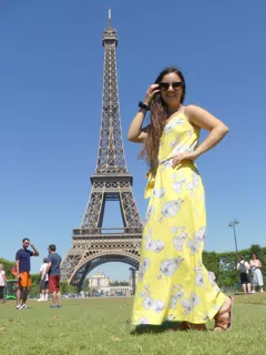 Teen Brunette Model Emily with Yellow Dress in Paris