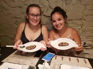 Madeline and Emily with Dessert in Florence