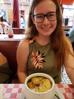 Madeline with Real French Onion Soup in Paris