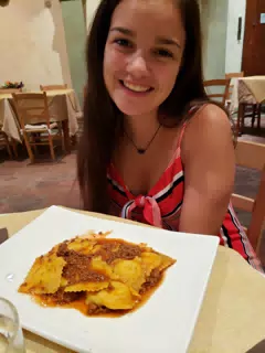 Emily with Ravioli at Le Maschere in Montecatini Alto