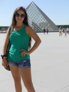 Emily in Jean Shorts at the Louvre in Paris, France