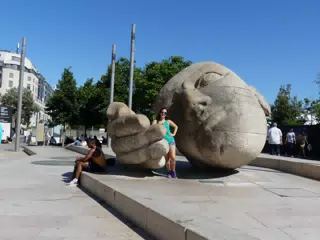 Brunette Teen Emily Posing with Statue in Paris