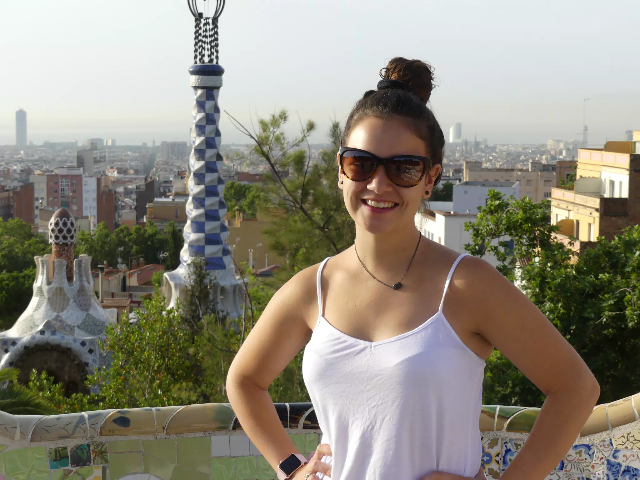 Emily in White Over Barcelona Posing in Park Guell