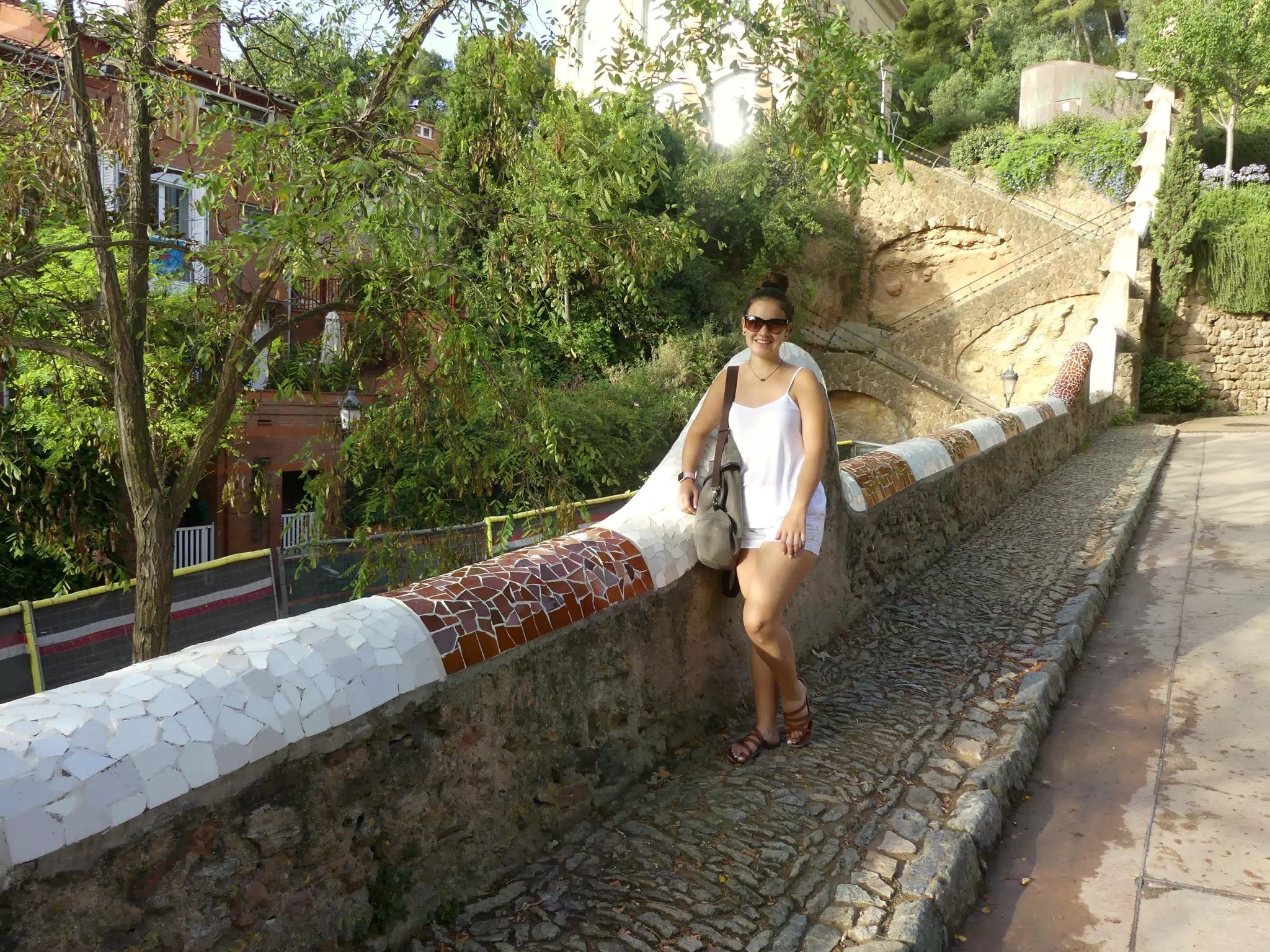 Emily in White Shorts Posing in Park Guell, Barcelona, Spain