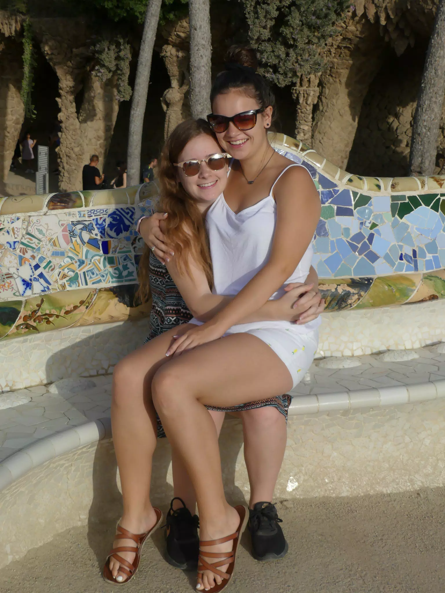 The Girls in Park Guell in Barcelona, Spain