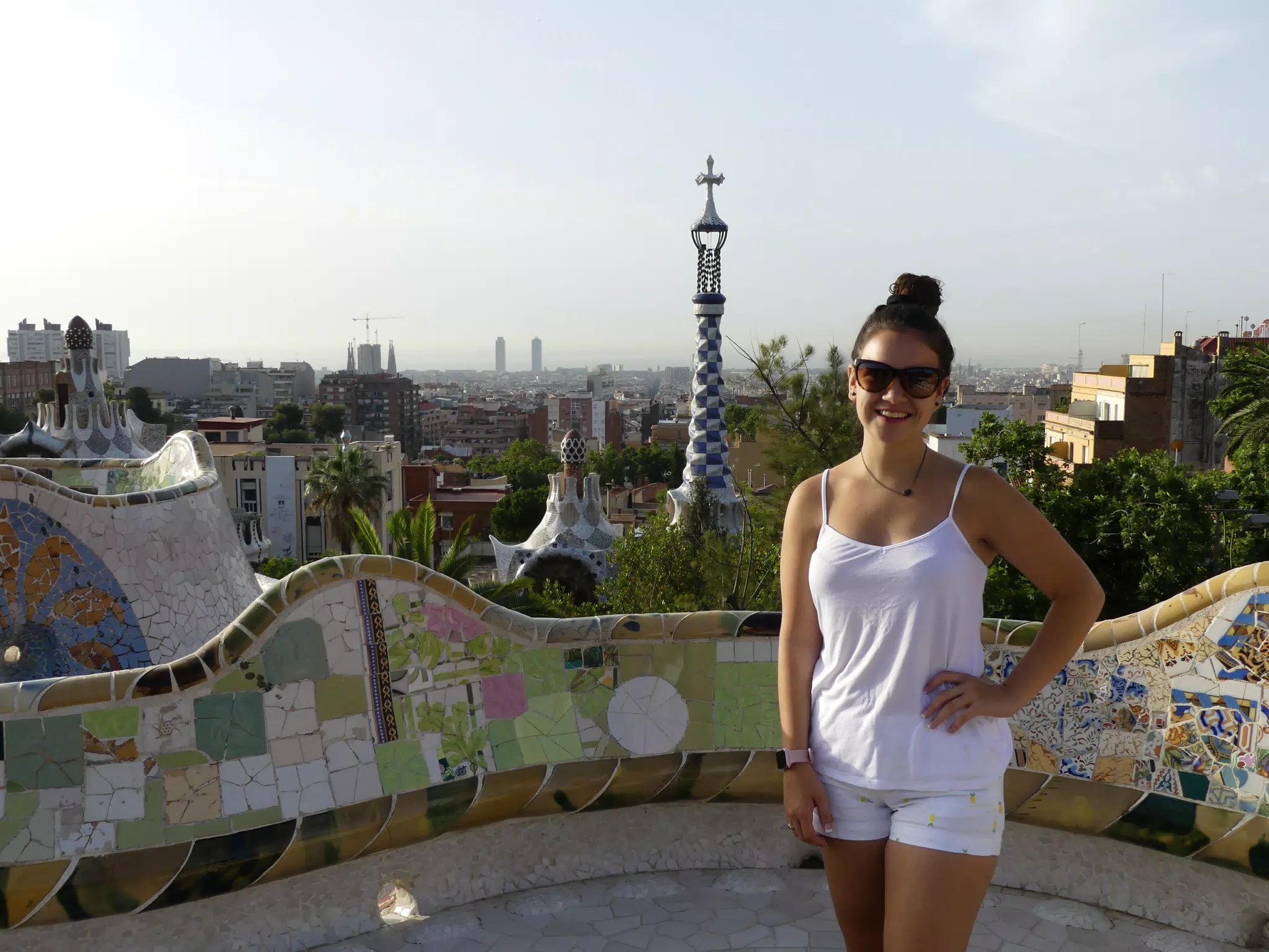 Emily in White at Sunrise in Park Guell in Barcelona