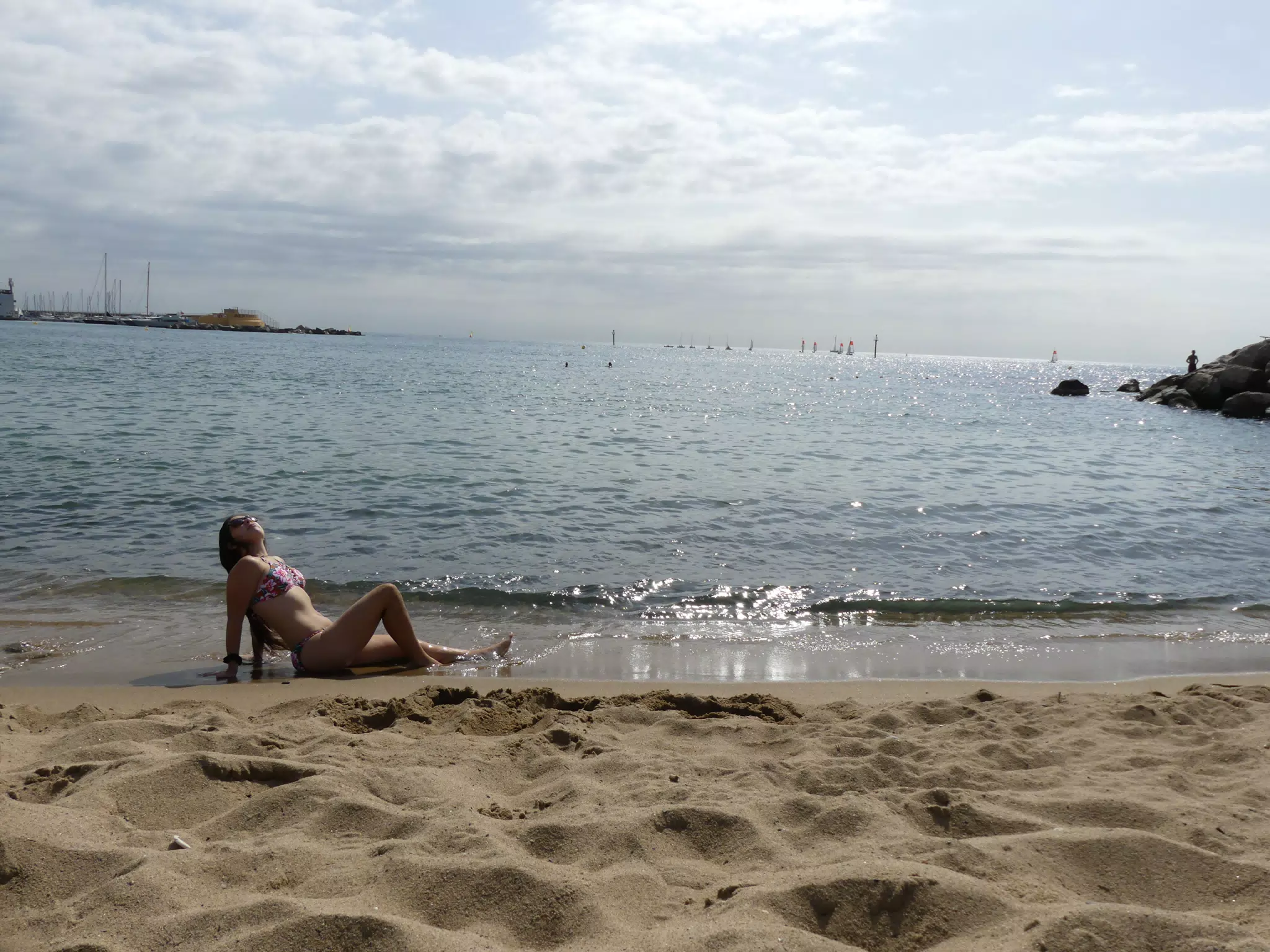 Emily Posing on the Beach at Barcelonetta, Barcelona