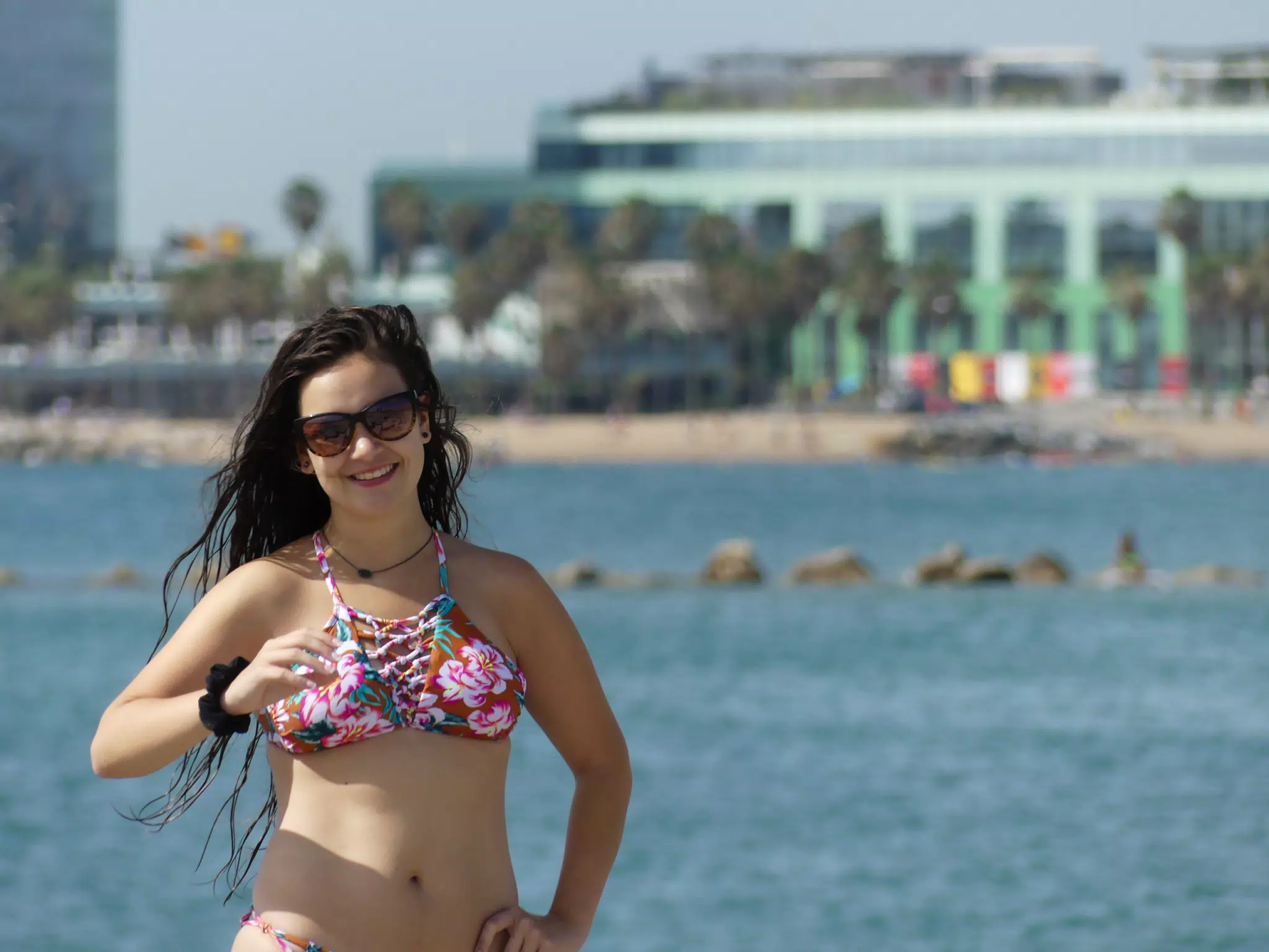 Emily on Barceloneta Beach in Barcelona Spain
