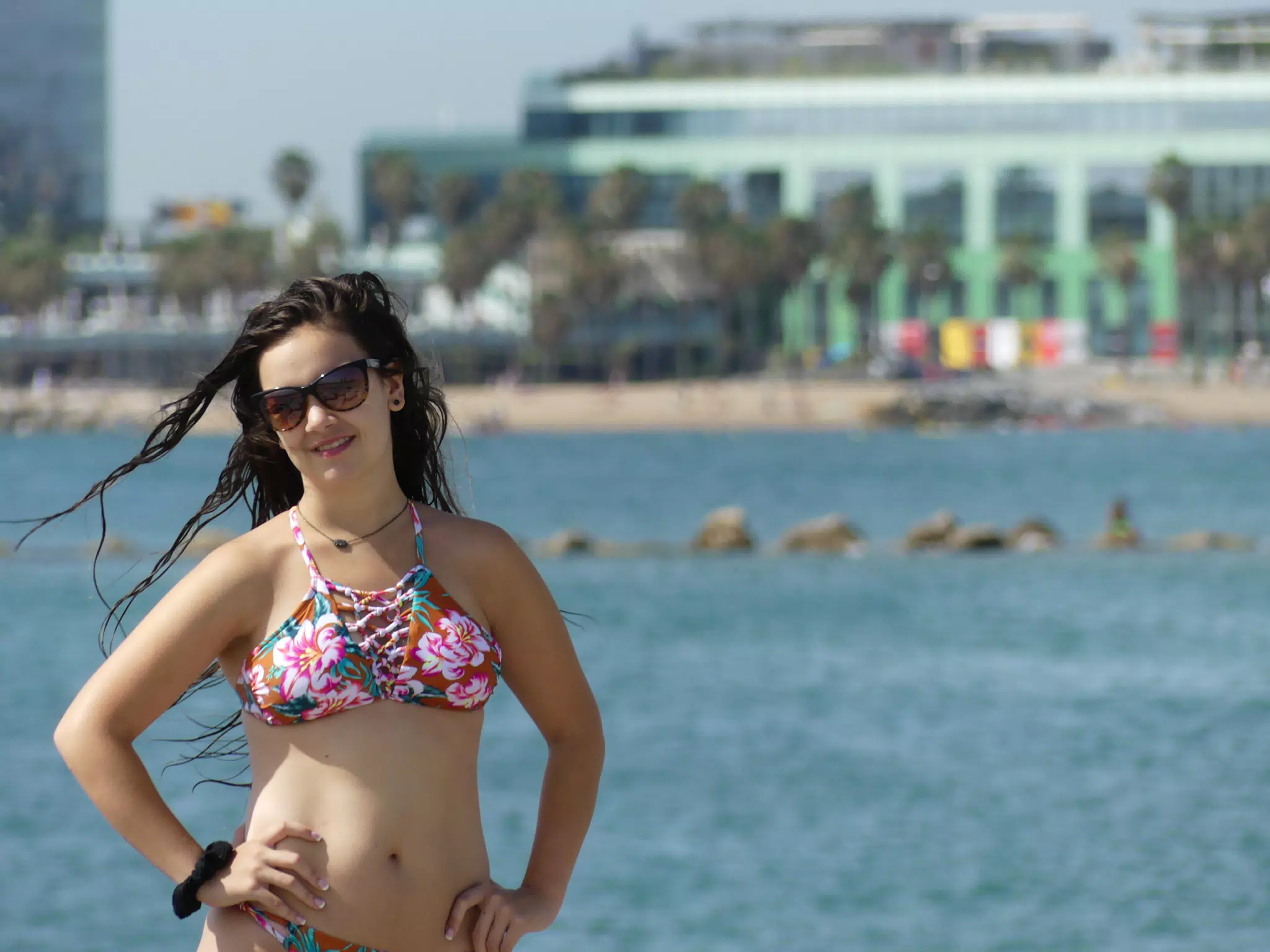 Girl in Bikini Posing on Beach in Barcelona