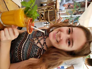 Madeline with a Smoothie in Barcelona