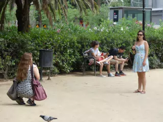 Madeline Taking Emily's Picture in Front of the Sagrada Familia
