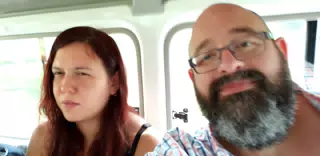 Happy Rachel in the Taxi