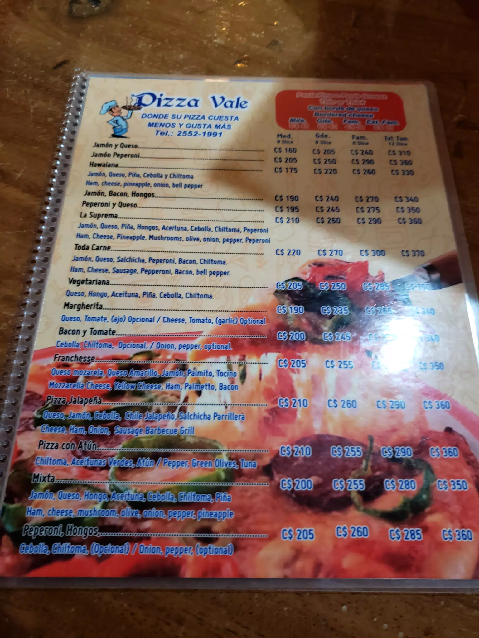 Pizza Menu at Pizza Vale in Granada