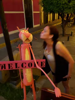 Rachel Kissing the Pink Panther